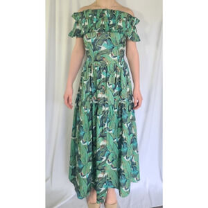 New India Collection Tropical Hand Blocked Green Blue Medium Cotton Dress